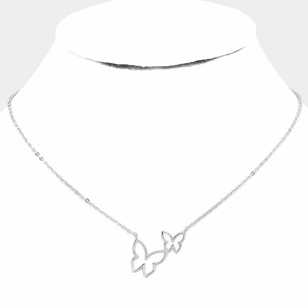 Silver Butterfly Double Pendant Necklace Chain
